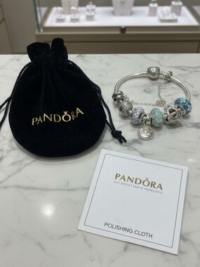 Pandora Silver Bracelet with Blue and Aqua Glass Charms